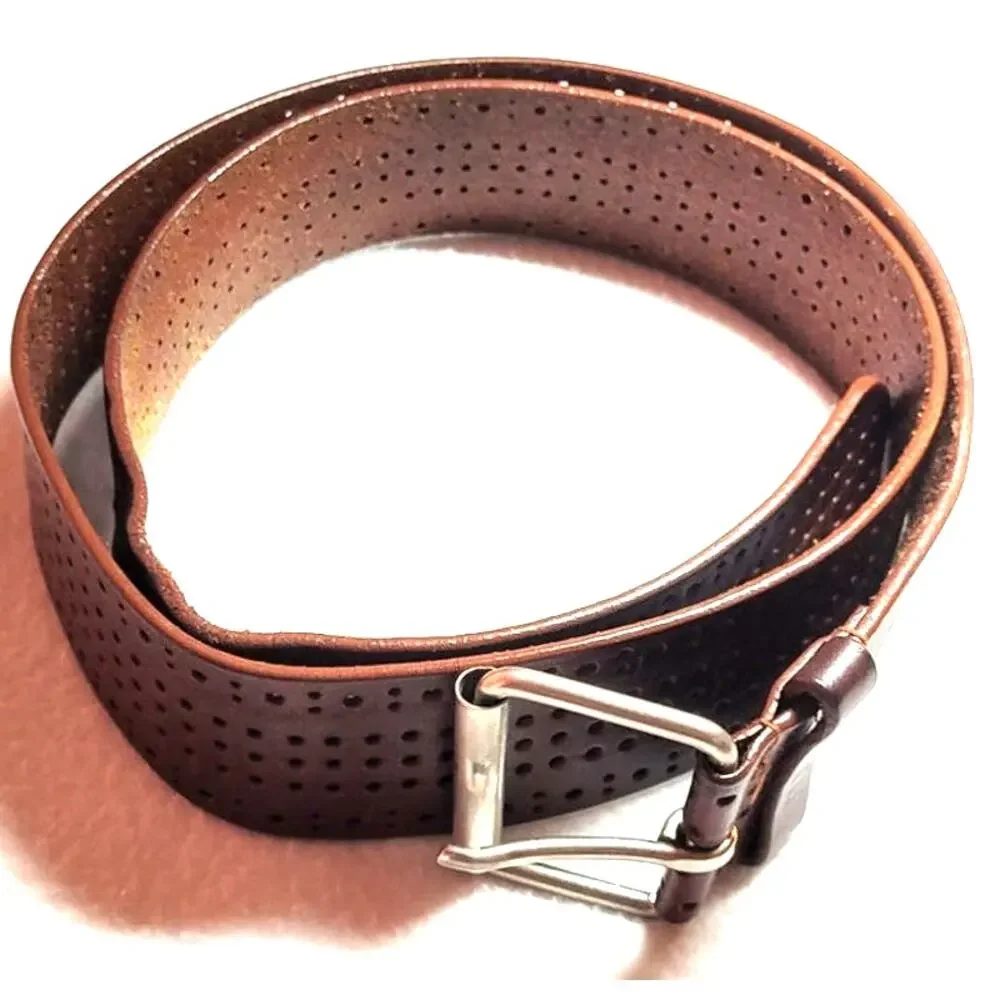 Guess Mens Brown Punched Wide Leather Belt Sz 40 Western Silvertone Buckle